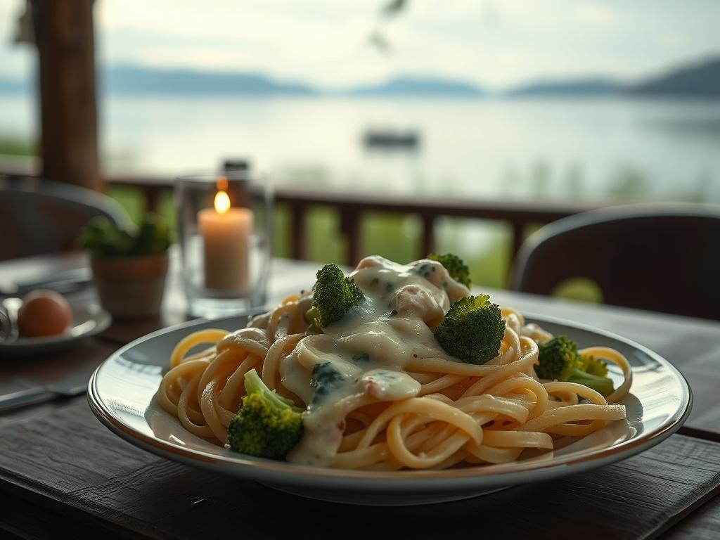 A realistic high-resolution photo of a plate of creamy Alfredo pasta with broccoli and onions, set on a rustic table with a cozy lakeside view in the background, soft tones and gentle lighting.