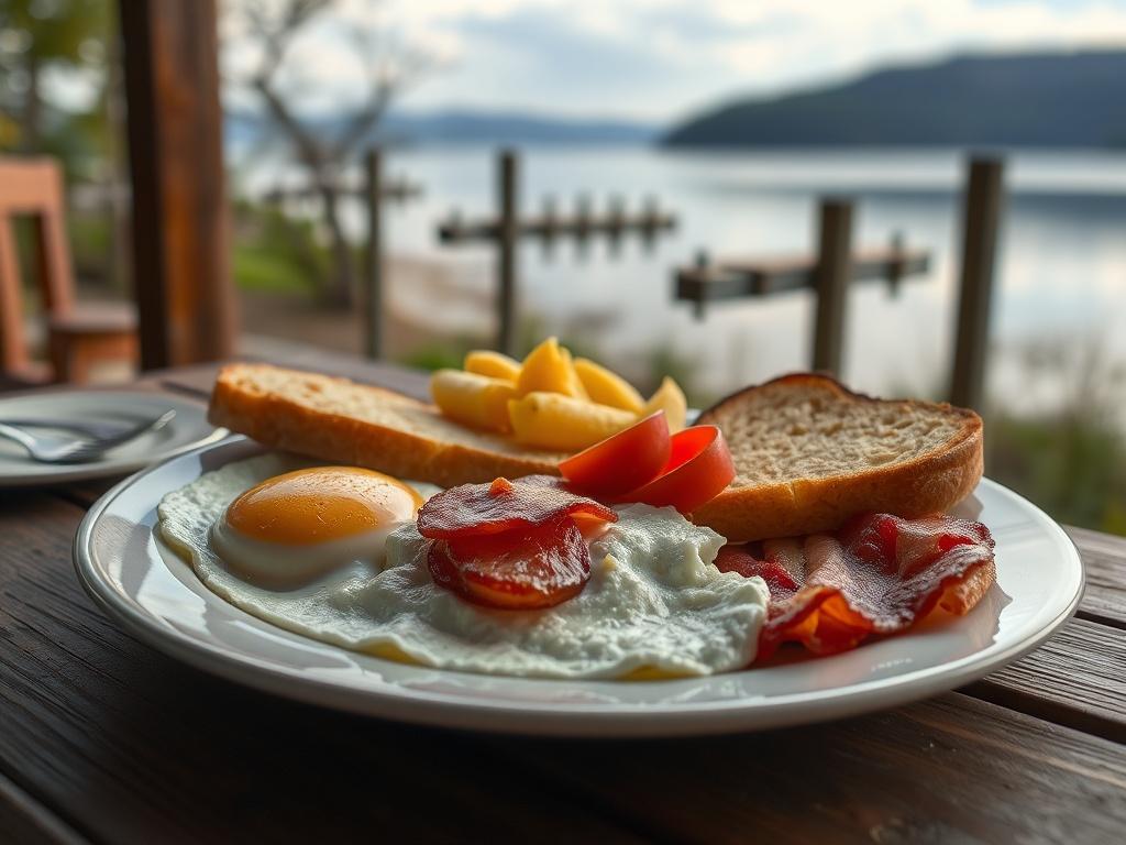 A realistic high-resolution photo of a hearty breakfast platter with eggs, bacon, golden potatoes, and toast, presented on a rustic table with a peaceful lakeside view in the background, soft tones and gentle lighting.