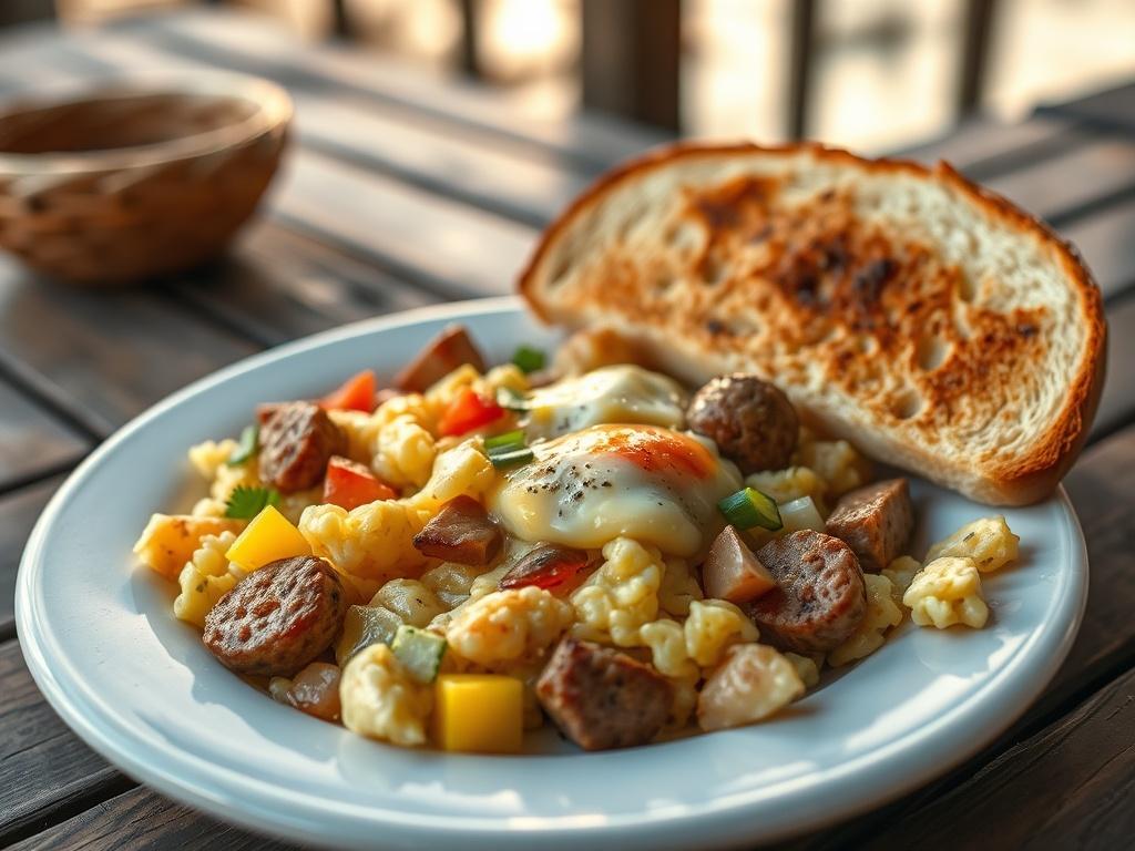 A close-up of a delicious egg scramble with toast served on a rustic wooden table. The dish includes fluffy scrambled eggs with pieces of sausage, diced onions, bell peppers, and golden-brown potatoes. The toast is lightly buttered and golden. The background features soft, natural lighting with a hint of lakeside ambiance, creating a warm and inviting atmosphere.