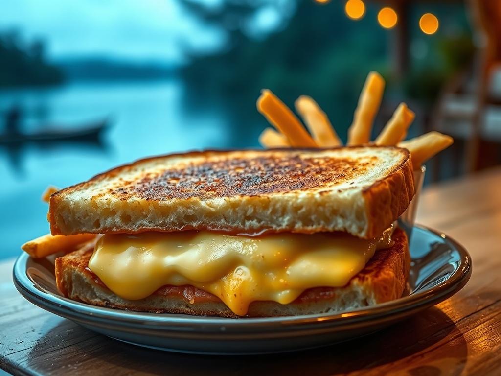 A delicious grilled cheese sandwich with melted cheese oozing out, served with a side of golden air fried fries. The sandwich is perfectly toasted with a crispy golden crust, and the fries are fresh, crispy, and lightly salted. The background features a cozy lakeside setting with soft, gentle lighting and peaceful atmosphere, capturing the essence of a serene dining experience.
