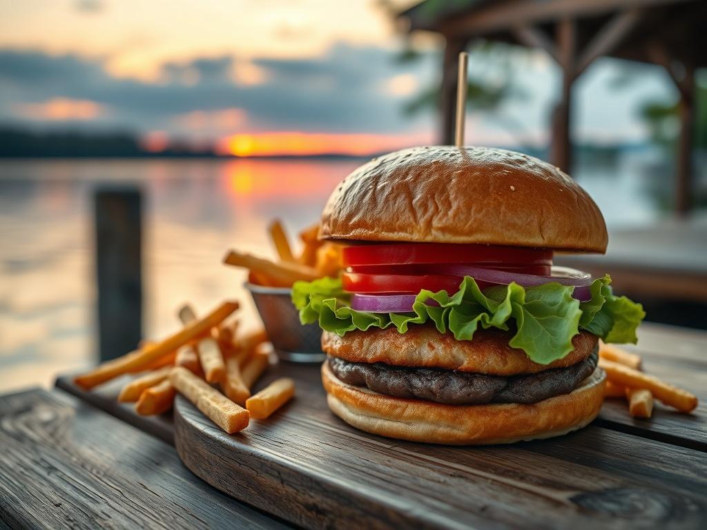 A delicious hamburger with lettuce, tomato, and onion, served with a side of golden air-fried fries. The setting is on a peaceful lakeside dock at sunset, with soft tones and gentle lighting reflecting the serene atmosphere. The hamburger is the focal point, presented on a rustic wooden table, with the lake and sunset in the background, creating a calm and inviting ambiance.