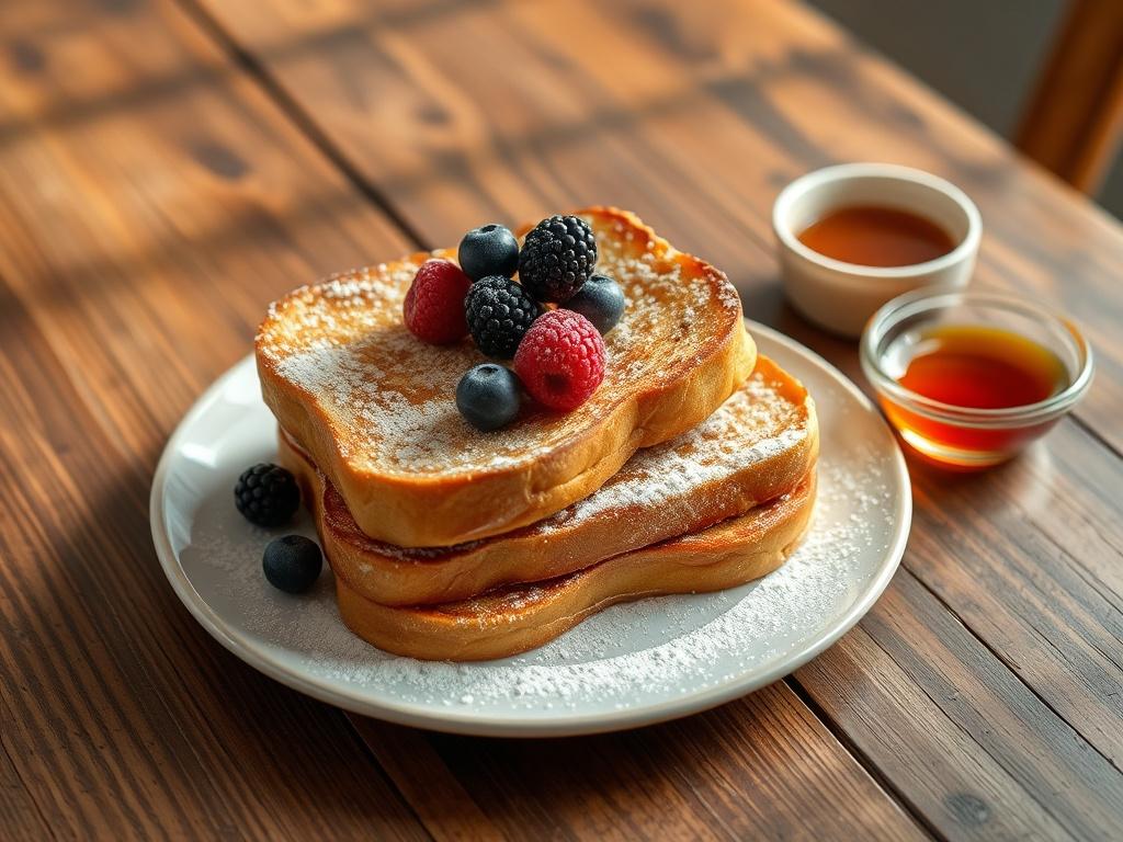 A beautifully plated French toast on a rustic wooden table, showcasing fluffy golden slices topped with powdered sugar and fresh berries. A small bowl of warm maple syrup is placed on the side, with soft morning light illuminating the scene, creating a warm and inviting atmosphere.
