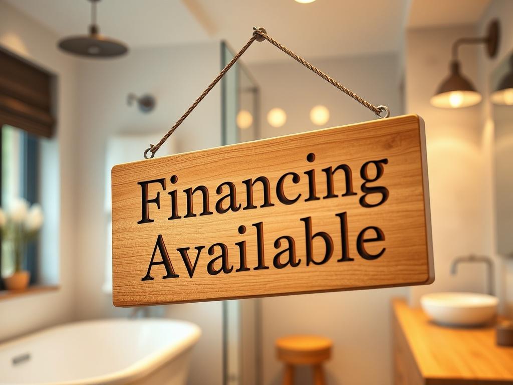 Create a realistic high-resolution photo that features a hanging sign prominently displaying the words 'Financing Available'. The sign should be crafted from wood with elegant lettering, suspended from a simple yet stylish metal bracket. The background should be a blurred image of a modern bathroom setting, emphasizing a sense of luxury and comfort. The lighting should be warm and inviting, creating an atmosphere that suggests ease and accessibility to financing options for home renovations.