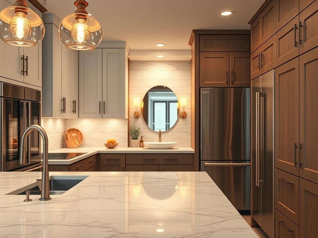 **Prompt for AI Image Generation:**

Create a highly detailed, hyper-realistic image that visually represents the theme of "Kitchen and Bathroom Remodeling: Which Adds More Value to Your Home?" The composition should be simple, focusing on a stunning, modern kitchen space featuring a single subject: a beautifully designed custom cabinetry piece. 

This kitchen should showcase high-end finishes such as polished marble countertops, sleek stainless steel appliances, and eye-catching pendant lights that cast a 