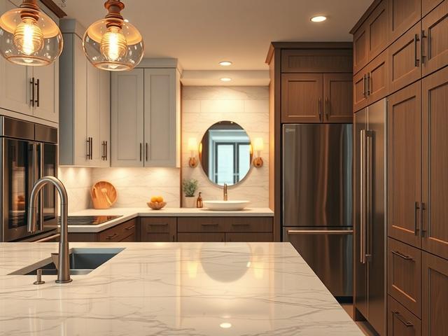 **Prompt for AI Image Generation:**

Create a highly detailed, hyper-realistic image that visually represents the theme of "Kitchen and Bathroom Remodeling: Which Adds More Value to Your Home?" The composition should be simple, focusing on a stunning, modern kitchen space featuring a single subject: a beautifully designed custom cabinetry piece. 

This kitchen should showcase high-end finishes such as polished marble countertops, sleek stainless steel appliances, and eye-catching pendant lights that cast a 