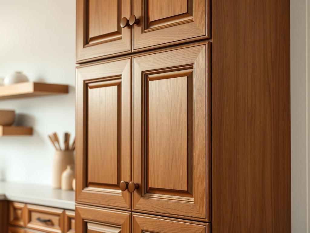 **AI Image Generation Prompt:**
Create a hyper-realistic, high-resolution photo that showcases a beautifully designed custom kitchen cabinet. The composition should feature a single, striking custom cabinet as the focal point, highlighting its craftsmanship, unique design, and rich wood texture. Use a close-up shot taken with a 45mm f/1.2 lens to emphasize the intricate details of the cabinet hardware, the smooth finish of the wood, and any unique features such as custom moldings or storage solutions.
The