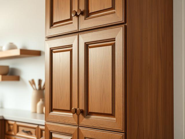 **AI Image Generation Prompt:**

Create a hyper-realistic, high-resolution photo that showcases a beautifully designed custom kitchen cabinet. The composition should feature a single, striking custom cabinet as the focal point, highlighting its craftsmanship, unique design, and rich wood texture. Use a close-up shot taken with a 45mm f/1.2 lens to emphasize the intricate details of the cabinet hardware, the smooth finish of the wood, and any unique features such as custom moldings or storage solutions.

The