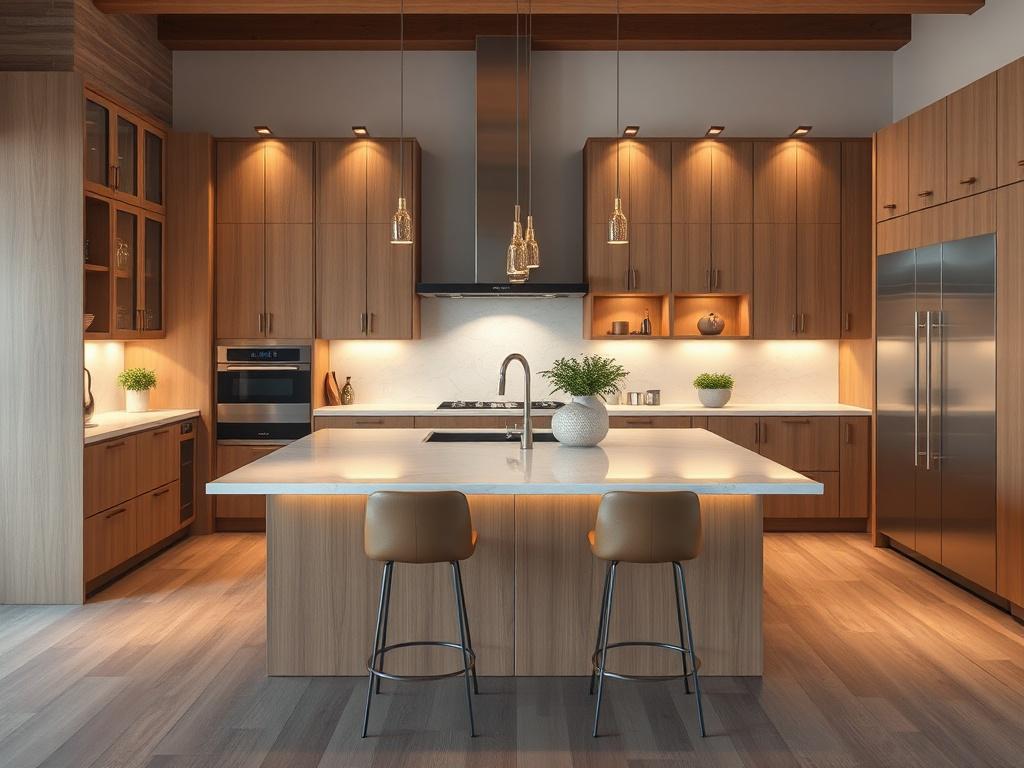 **AI Image Generation Prompt:**
Create a realistic high-resolution photo that captures the essence of a modern, stunning kitchen remodel. The primary focus should be on a beautifully designed kitchen space that exemplifies luxury and functionality, showcasing a state-of-the-art kitchen island as the singular subject. The kitchen island should feature a sleek, polished countertop, complemented by elegant barstools that invite gatherings. Incorporate warm lighting that highlights the rich textures of the cab