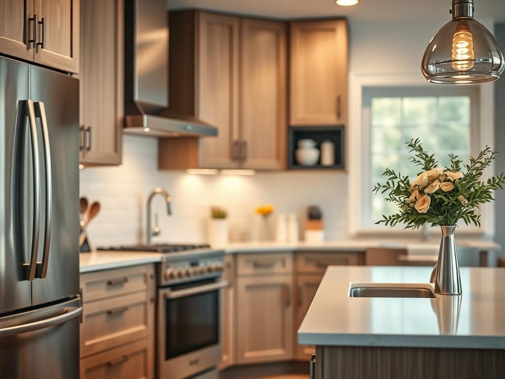 **AI Image Generation Prompt:**
Create a realistic high-resolution photo that captures the essence of kitchen and bathroom remodels as valuable investments. The composition should be simple and clear, featuring a beautifully renovated kitchen as the single subject of the image. 
Focus on a close-up view of a modern kitchen showcasing key features such as sleek cabinetry, high-end appliances, and stunning countertops. Pay special attention to details like under-cabinet lighting, elegant fixtures, and organ