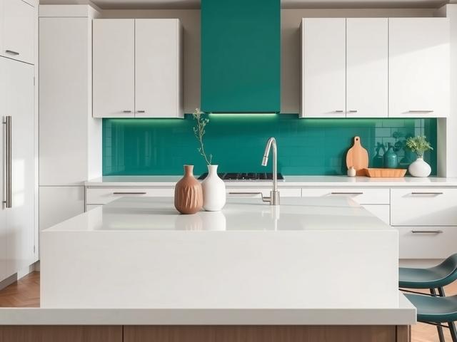 Create a highly detailed, realistic high-resolution image that captures the essence of balancing bold and neutral colors in home design. The composition should be simple and clear, featuring a modern kitchen as the subject. Focus on a beautifully designed kitchen island that showcases a bold, trendy color—such as a deep emerald green or a vibrant cobalt blue. The kitchen island should be the focal point, featuring high-quality materials and finishes that highlight its striking hue.

Surrounding the island, 