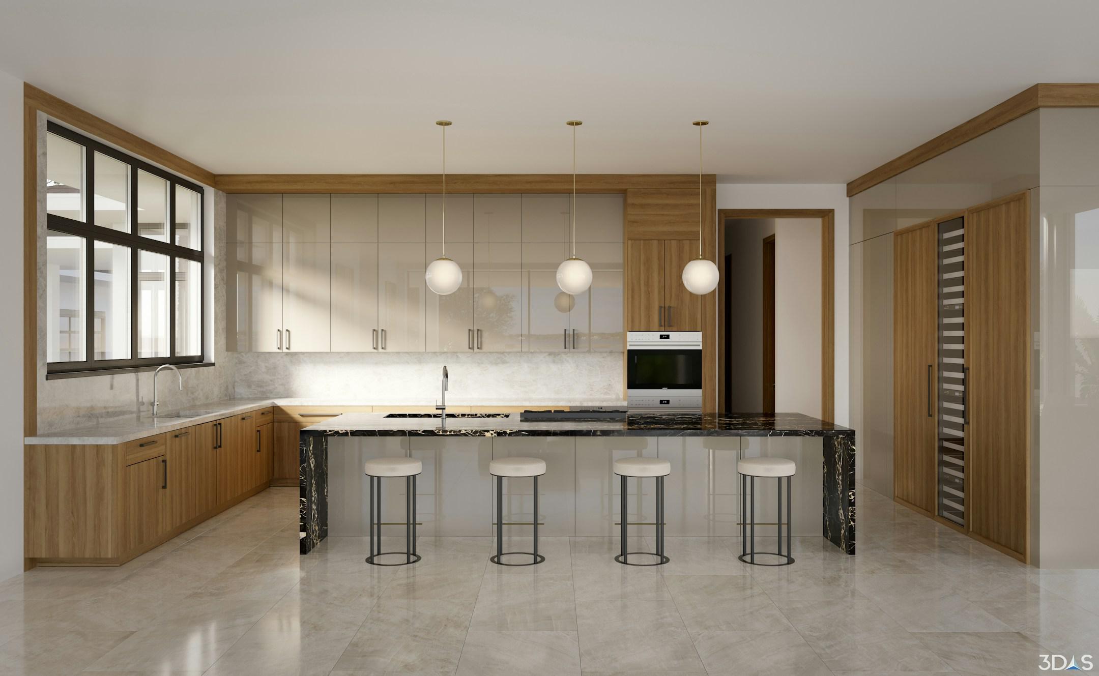 3d rendering that presents a sleek, contemporary kitchen with a mix of natural wood and white cabinetry. The kitchen features a long island with a black marble countertop and bar stools, pendant lights with a soft glow, and high-end appliances built into the cabinetry. There is a window with a black frame that complements the neutral color palette of the room, providing ample natural light and a view outside.