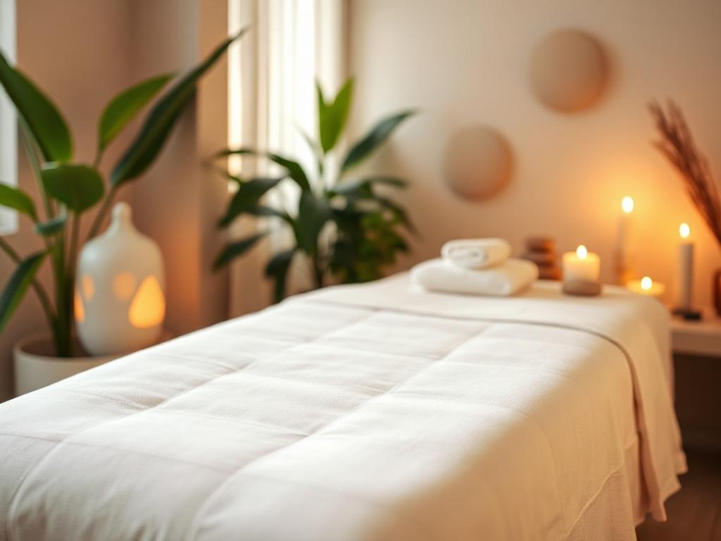 A serene massage therapy room featuring soft lighting and calming decor. The focal point is a well-made massage table with crisp white sheets, surrounded by soothing elements such as stones and candles. The background includes lush plants, creating a tranquil atmosphere. The overall composition is warm and inviting, emphasizing relaxation and wellness.
