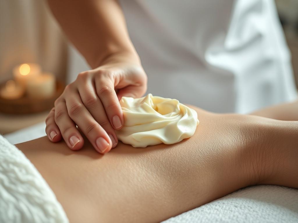 A close-up shot of a luxurious massage butter being gently applied to a client's skin by a therapist's hands. The setting is serene and tranquil, with soft lighting that enhances the soothing atmosphere. The background is simple and unobtrusive, focusing entirely on the massage butter and the hands. The color palette includes soft, warm tones that complement the product and evoke a sense of relaxation.