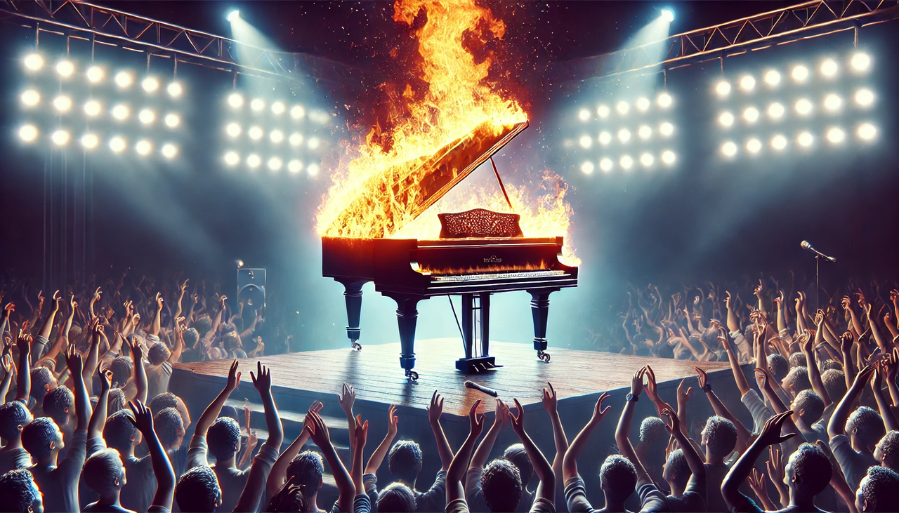 dall·e 2025-02-03 11.11.40 - a photorealistic image of a burning piano as the sole 'star' being celebrated on a rock 'n' roll stage. the piano is engulfed in dramatic flames, glow.webp