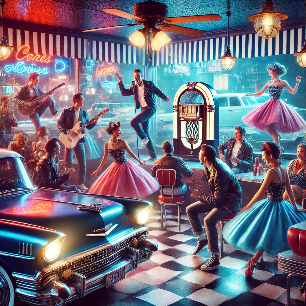 dall·e 2025-02-03 17.59.08 - a photorealistic and energetic 1950s american diner scene with neon lights, classic cars, and a jukebox playing rock'n'roll. a wild and lively crowd i.webp