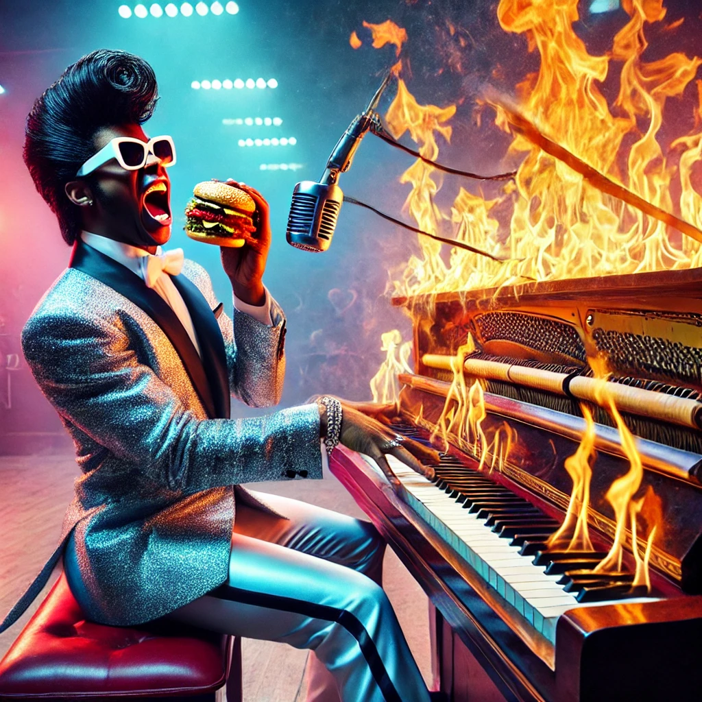 dall·e 2025-02-03 18.01.51 - a highly energetic and dramatic scene of little richard, a black rock'n'roll legend, playing a burning piano while eating a hamburger. dressed in a fl.webp