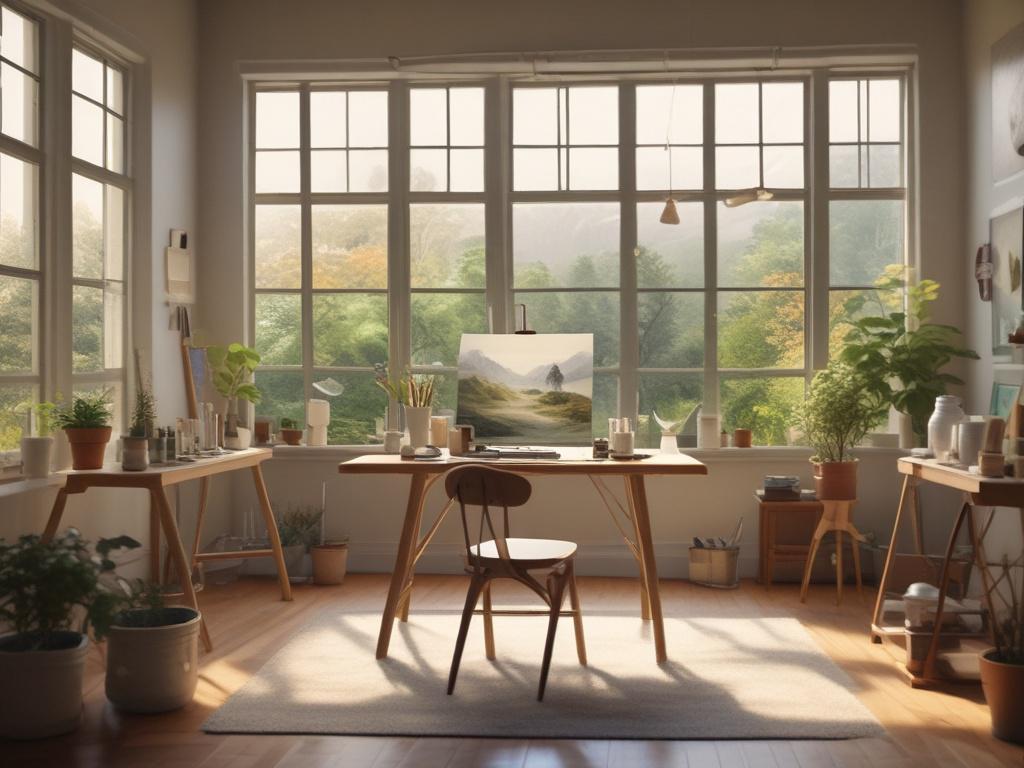 A serene, high resolution image of a tranquil art studio