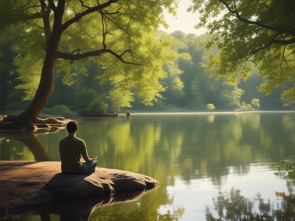 A serene landscape featuring a tranquil lake surrounded by lush