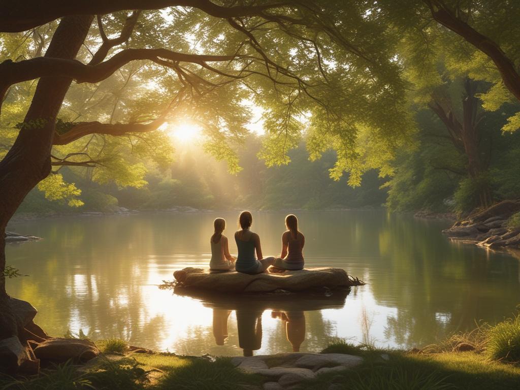 A peaceful outdoor setting for a mindfulness retreat, featuring a