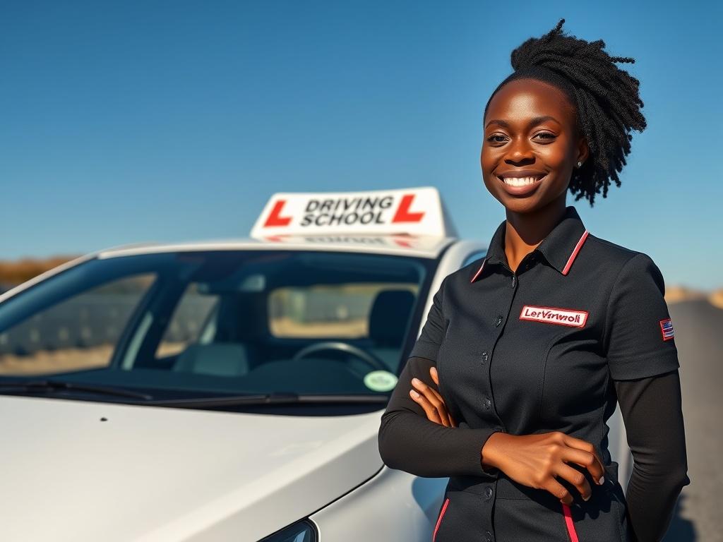 A black female driving school instructor wearing a branded uniform, standing confidently beside a branded driving school vehicle. The vehicle is parked in a safe and open area, showcasing its logo prominently. The instructor is smiling, embodying a welcoming and professional demeanor. The background features a clear blue sky and a well-maintained road, emphasizing a driving environment. The composition is simple and clear, focusing solely on the instructor and the vehicle.