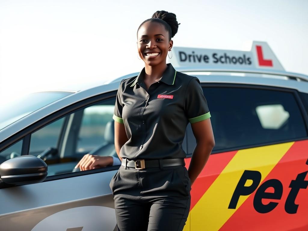 A black female driving school instructor wearing a branded uniform, standing confidently beside a branded driving school vehicle. The background features a clear sky and a well-maintained road, showcasing a safe and professional environment. The instructor is smiling and engaging with an unseen student, conveying a sense of approachability and expertise. The vehicle is prominently displayed with the driving school logo visible. Composition is simple and clear, focusing on the instructor and the vehicle.