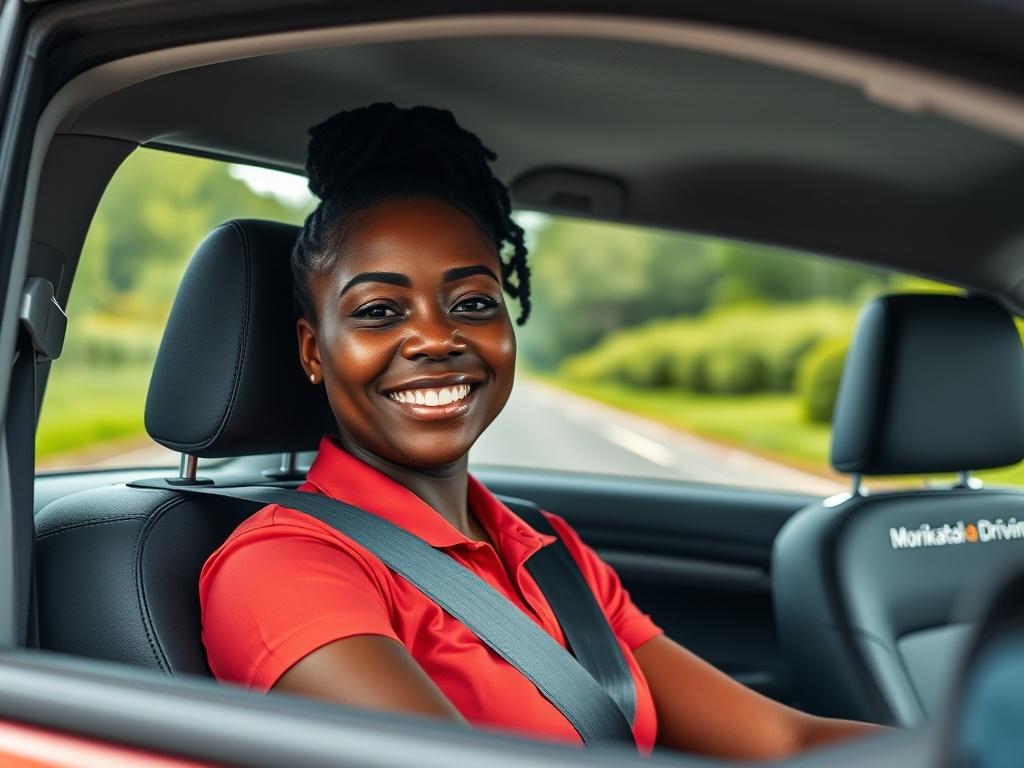 A realistic high-resolution close-up shot of a black woman driving instructor smiling confidently while seated in the driver's seat of a branded Morikatola Driving School vehicle. The background should be a clear view of the road ahead, with vibrant greenery on the sides, emphasizing a safe and welcoming driving environment. The vehicle should be easily recognizable with the Morikatola Driving School branding visible on the side.