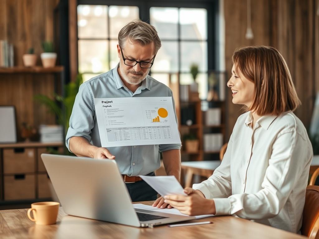 A professional consultant working with a client in an office setting, focused on project management. The consultant is showing a project plan on a laptop. The background is a well-organized office with natural light, featuring wooden textures and earthy tones.