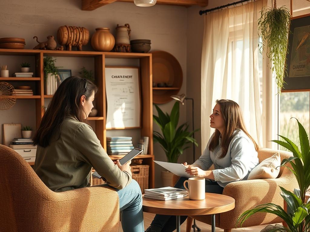 A one-on-one consultation session taking place in a cozy office, where a consultant is actively listening to a member's project concerns. The ambiance is warm and inviting, with earthy decor and natural light.