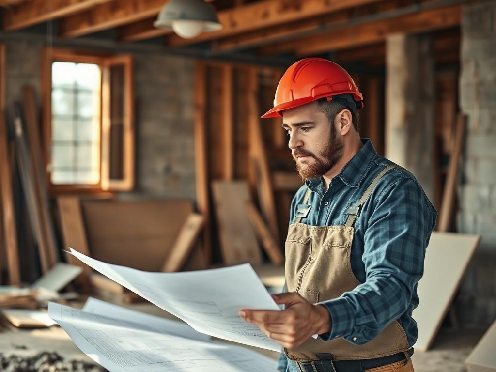 A contractor reviewing plans at a construction site, surrounded by building materials. The scene captures the essence of independent contracting with natural light illuminating the workspace, expressing focus and determination.
