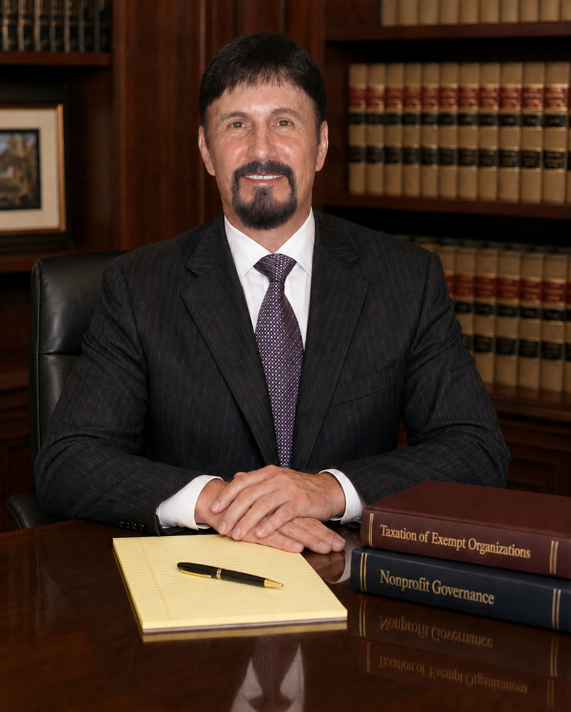 Attorney portrait with nonprofit governance and tax-exempt law books