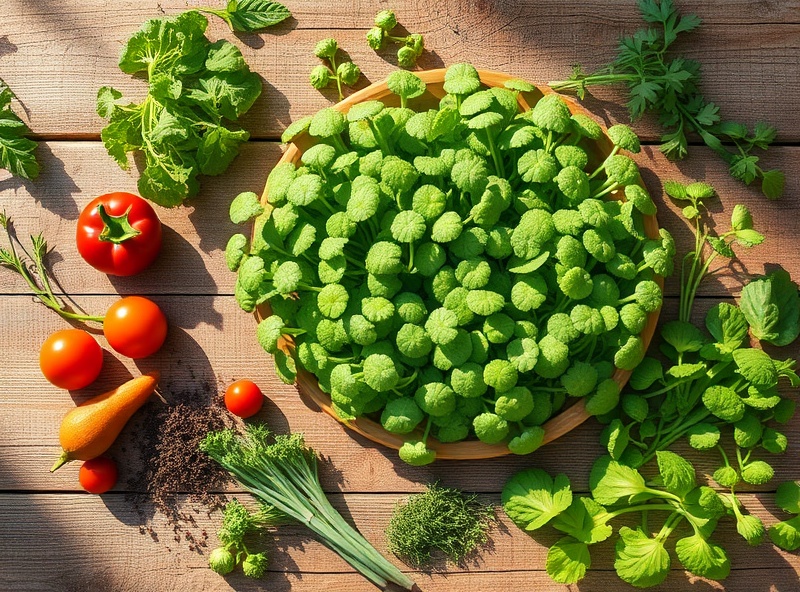 Fresh microgreens and vegetables on a rustic wooden surface