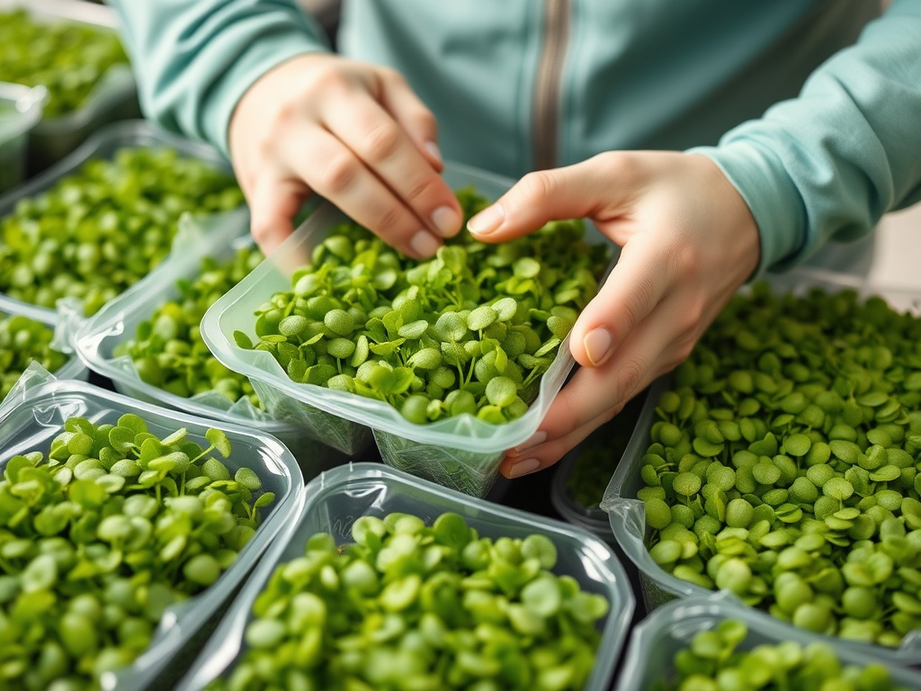 Microgreens being packaged for donation to food banks
