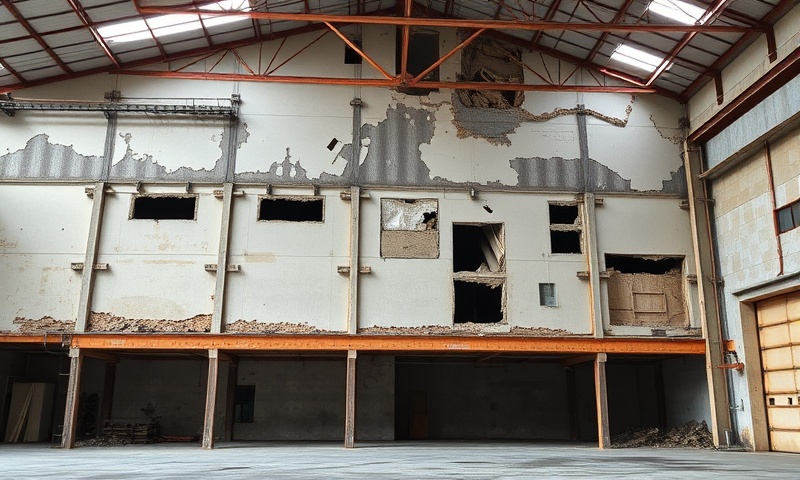 Commercial warehouse assessment showing building defects requiring professional licensed evaluation