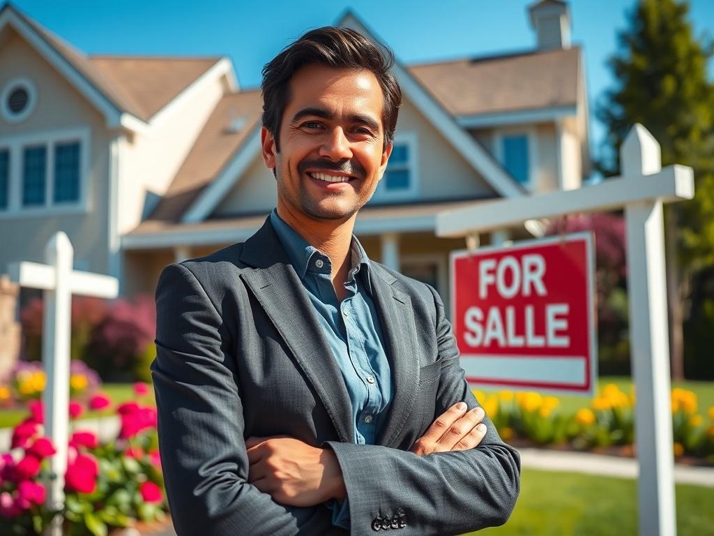 A high-resolution close-up of a real estate advisor standing in front of a property for sale, showcasing a 'For Sale' sign. The background includes a beautifully landscaped yard with vibrant flowers and a clear blue sky. The advisor is dressed in business attire, smiling and looking at the camera, conveying professionalism and trustworthiness. The image is captured with a 45mm f/1.2 lens for a striking focus on the subject against a soft background.