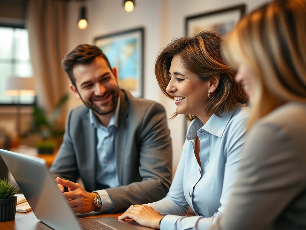 A close-up shot of a smiling real estate advisor engaging with a client, discussing property options. The background features a cozy office setting with warm lighting, showcasing a desk with property listings and a laptop. The advisor is dressed professionally, exuding confidence and approachability. The image is shot with a 45mm f/1.2 lens to create a soft bokeh effect, highlighting the subject against a blurred backdrop.