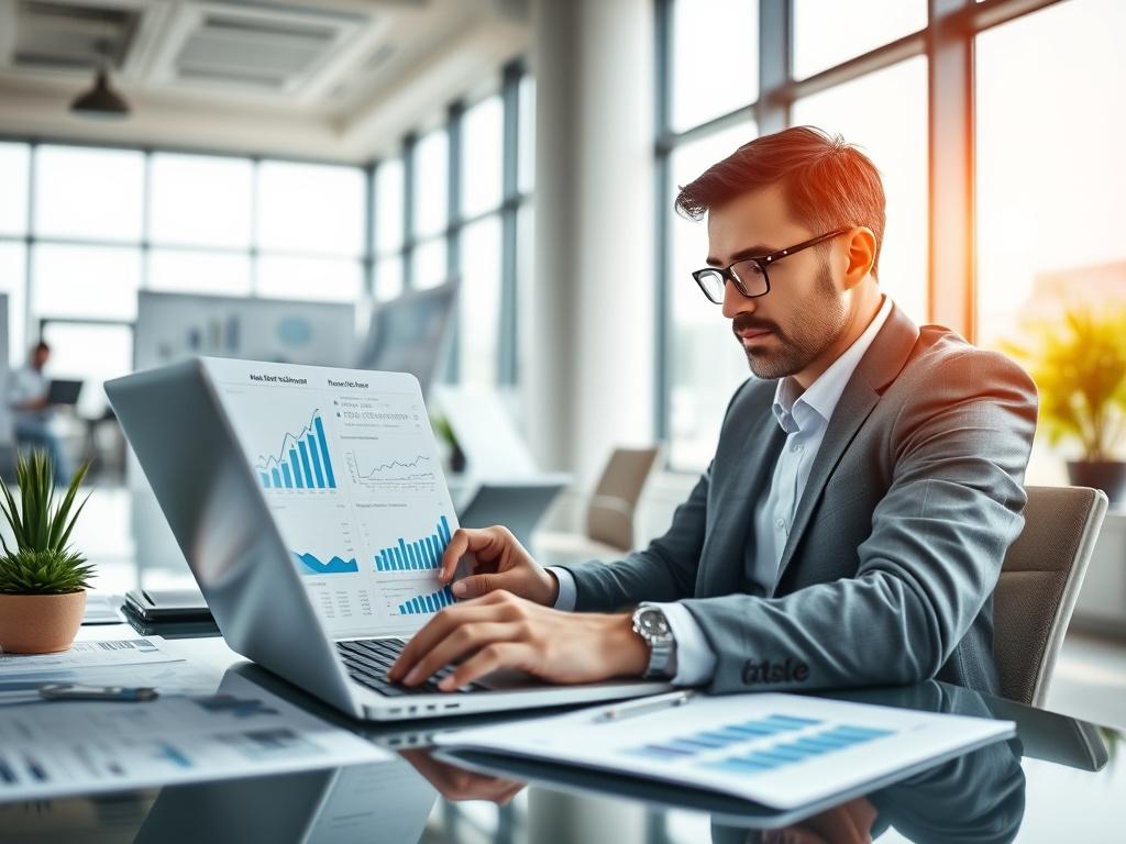 A realistic close-up of a real estate advisor analyzing market data on a laptop, surrounded by charts and graphs. The setting is a modern office with a bright atmosphere, featuring large windows and natural light. The advisor is focused and engaged, wearing business attire, illustrating professionalism and expertise. The image is taken with a 45mm f/1.2 lens to create a sharp focus on the advisor while blurring the background.