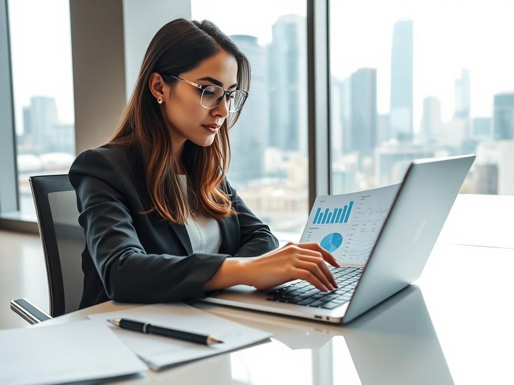 A high resolution image of a real estate consultant analyzing