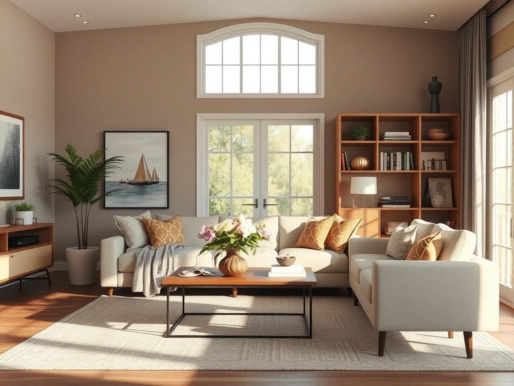 **Prompt for AI Image Generator:**

Create a realistic high-resolution photo that embodies the essence of maximizing a home's value. The composition should be simple and clear, featuring a single subject: a beautifully staged living room that showcases the potential of a well-maintained home. 

The living room should have an inviting and modern aesthetic, with natural light pouring in through large windows, illuminating the space. Include tasteful furnishings such as a stylish sofa, an elegant coffee table 