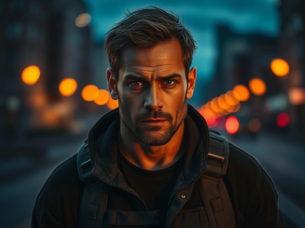 Create a realistic high-resolution photo that vividly captures the essence of "Exploring the Caleb Rourke Thriller Series." The image should feature a single subject: a rugged, determined man in a dark, urban setting, portraying Caleb Rourke himself. He should be dressed in a tactical outfit, suggesting an adventurous and daring personality, with a piercing gaze that conveys both intensity and focus. 

In the background, include a blurred view of a nighttime cityscape illuminated by streetlights, setting a 