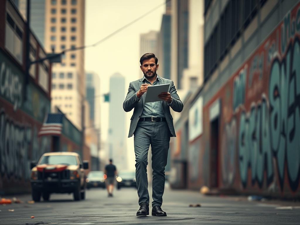 **Prompt for AI Image Generation:**

Create a realistic high-resolution photo that encapsulates the essence of the blog titled “Border Breakpoint, Media Spin & The War for Truth.” Center the composition on a lone figure—an American journalist or commentator—standing decisively in an urban environment, embodying a sense of determination and clarity amidst chaos. 

The subject should hold a notepad and pen, symbolizing a commitment to uncovering the truth. Use expressive body language that conveys urgency and