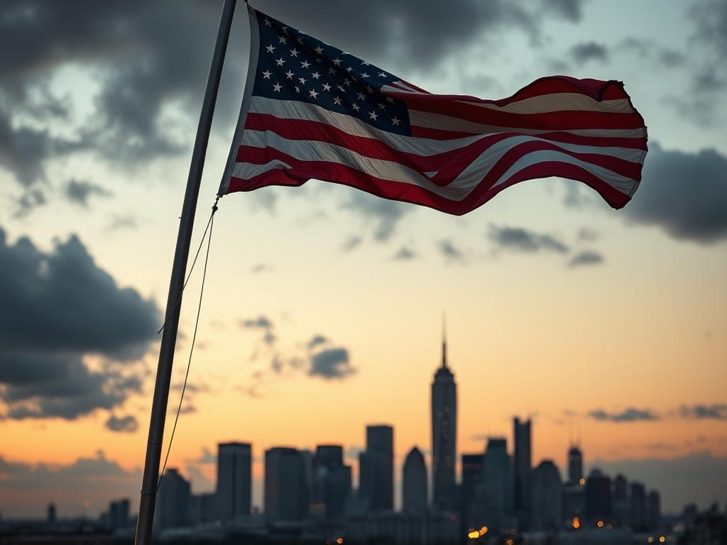 **AI Image Generation Prompt:**

Create a realistic high-resolution photo that embodies the themes of “Escalation, Invasion & Economic Warfare.” The composition should feature a single striking focal point: a robust, weathered American flag waving in the foreground, symbolizing resilience amidst crisis. In the background, depict a subtle yet impactful urban skyline at dusk, with soft shadows and flickering lights, hinting at the tension of economic and political unrest. 

In the sky, allow for a moody atmos