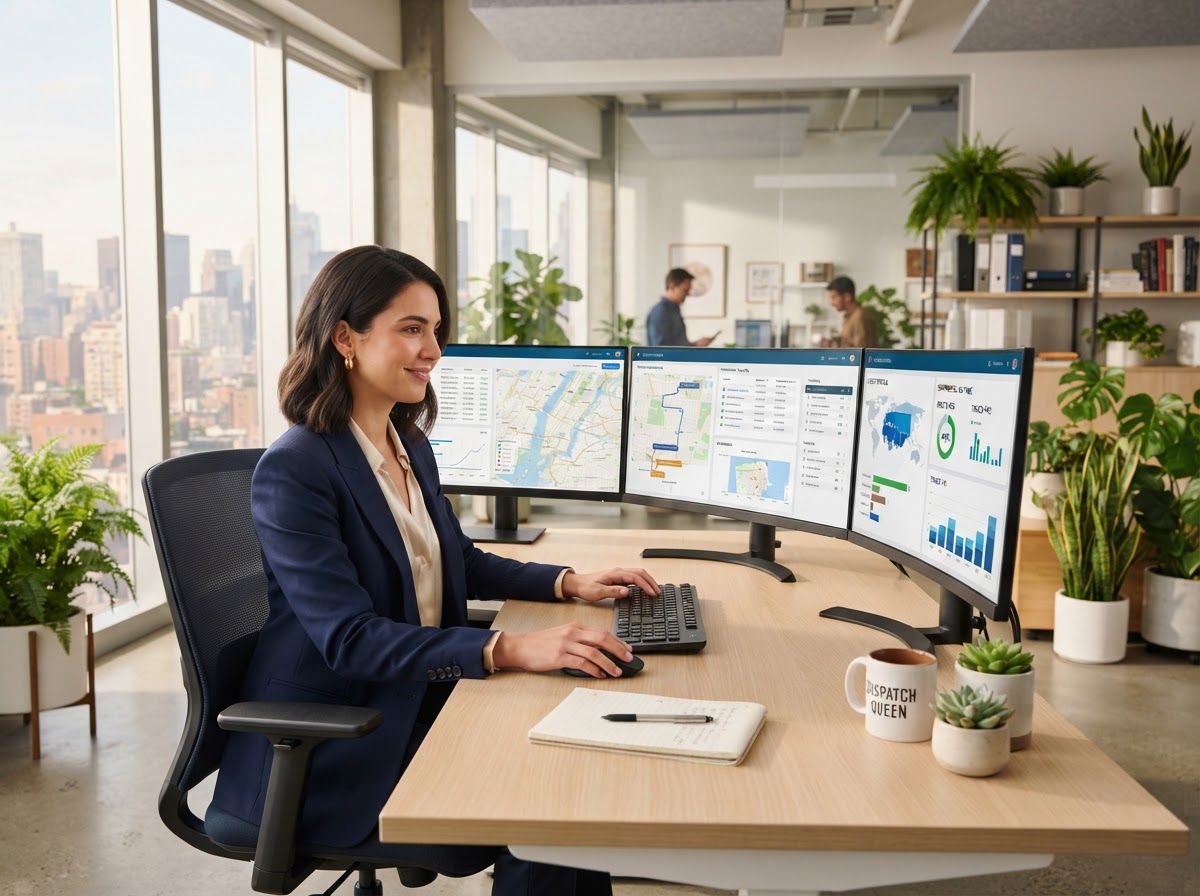 Professional freight dispatcher working in a modern office