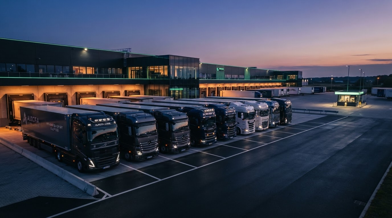 Modern semi trucks parked at a logistics terminal at dusk