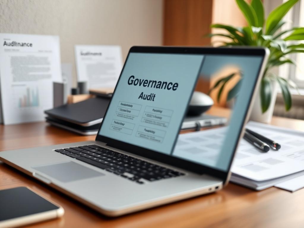 Create a realistic high-resolution photo of a professional workspace showing a close-up of a desk with a laptop, audit documents, and a plant in the background. The scene should be well-lit, with a focus on the laptop screen displaying a governance audit template. Use a simple and clear composition, ensuring a calm and organized atmosphere.