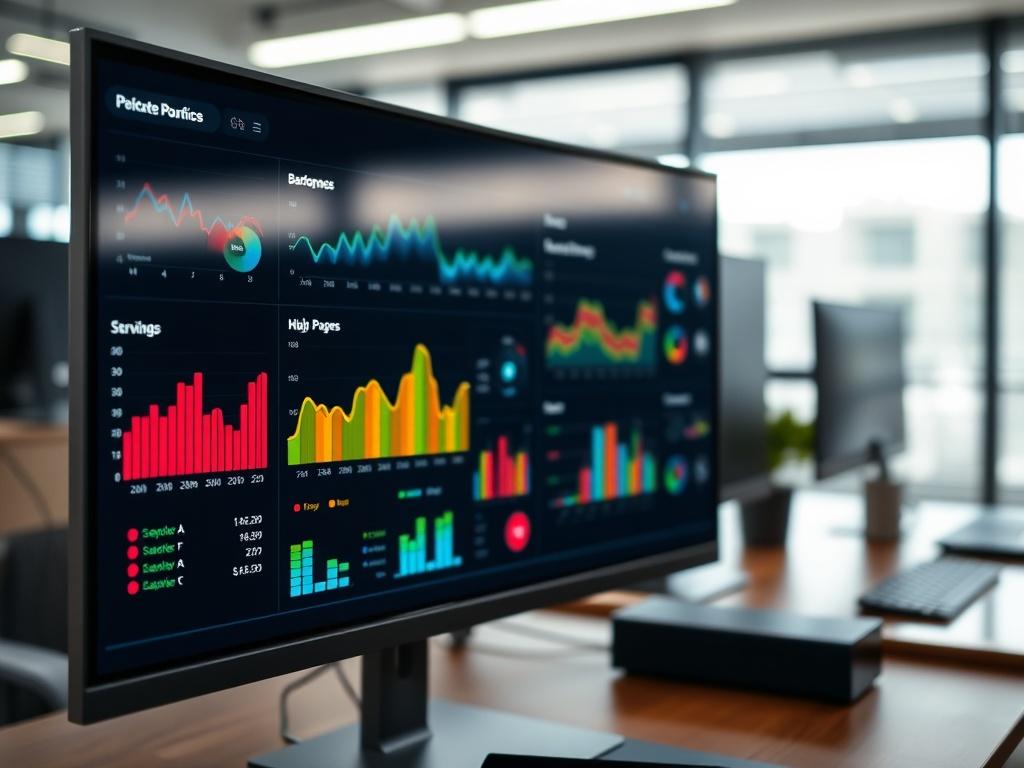 A close-up shot of a digital dashboard displaying colorful graphs and performance metrics on a sleek monitor. The background includes subtle elements of a modern office space, emphasizing technology and real-time data analysis.
