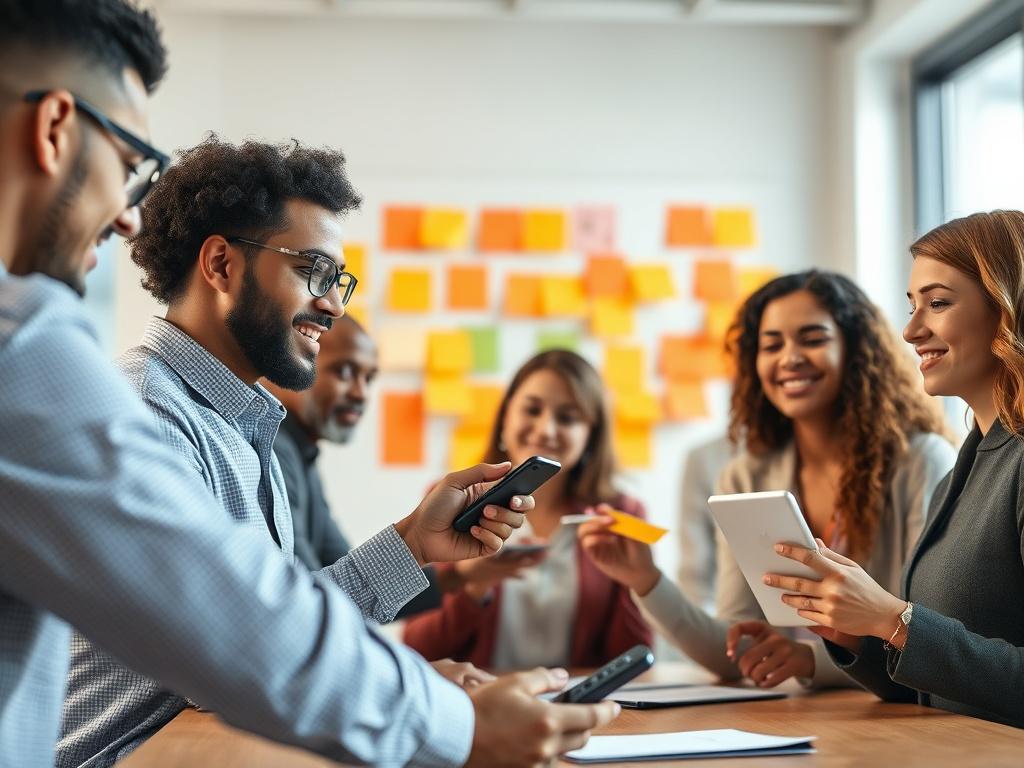 A close-up shot of a diverse team of professionals engaging in a collaborative meeting, brainstorming ideas with sticky notes and digital devices. The environment is bright and inviting, showcasing teamwork and innovation.