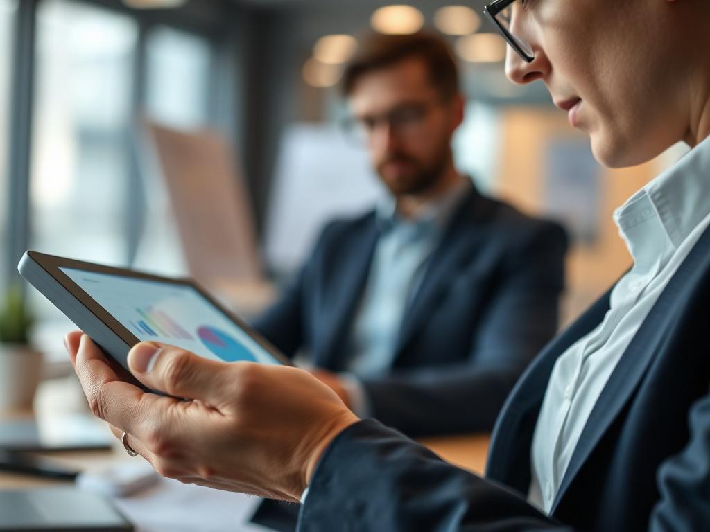 A close-up shot of a professional analyzing data on a digital tablet in an office setting, with graphs and charts visible on the screen. The background features soft-focus office elements, conveying a sense of productivity and insight.