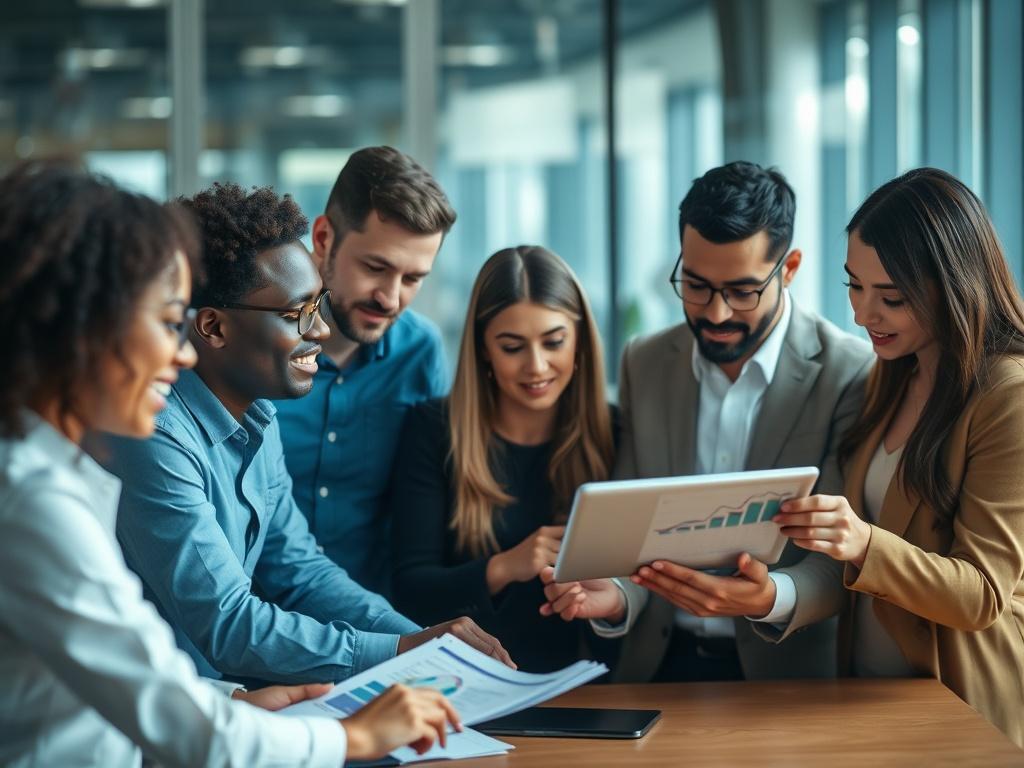 A focused close-up shot of a diverse team in a modern office environment, collaborating over a digital tablet and documents, with charts and graphs visible, showcasing teamwork and analytical discussion. The background should be blurred to emphasize the team dynamics and the subject matter, accentuating the theme of operational assessments.