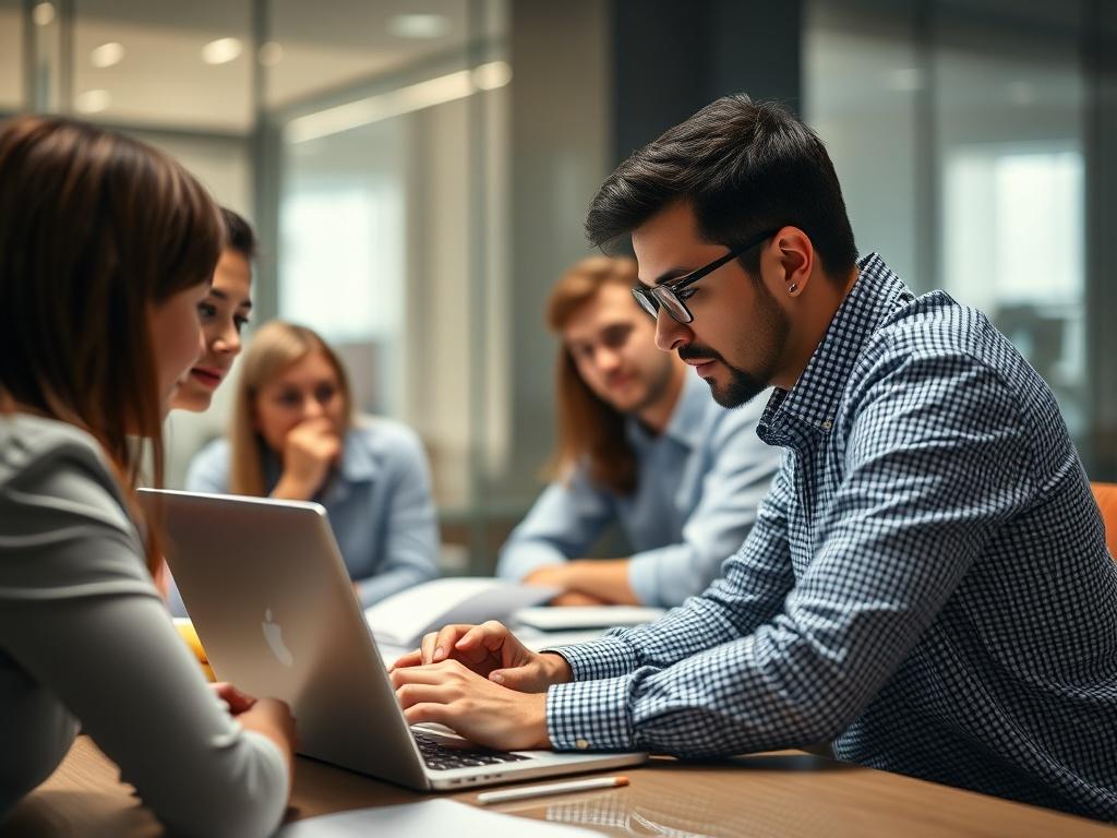 A close-up shot of a technical expert demonstrating software on a laptop to a group of engaged employees in a conference room. The image should capture the essence of collaboration and learning, highlighting the importance of technical assistance in enhancing operational efficiency.