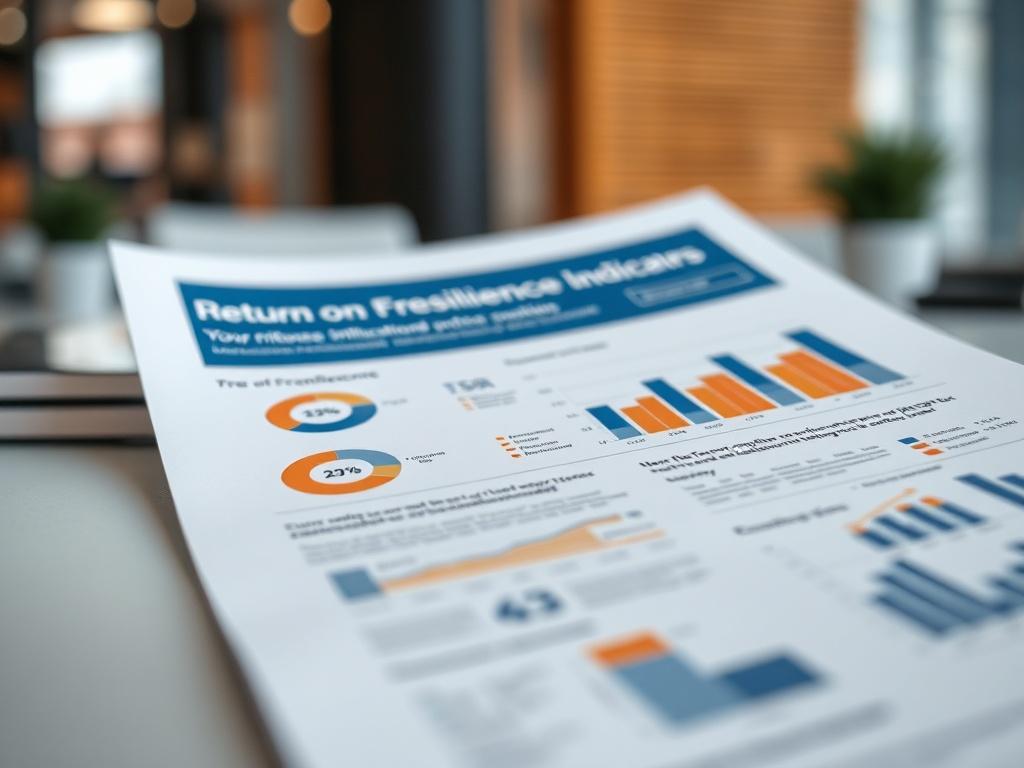 A close-up shot of a report outlining the Return on Resilience (ROR)™ Framework, featuring graphs and key performance indicators. The report should be set against a blurred office background, emphasizing a professional environment, with an RGB(0, 117, 98) color theme to reflect the brand.